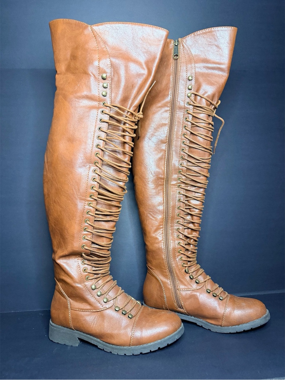 Mark & Maddux Travis-05 Brown Lace Up Over the Knee Combat Boots Size 8